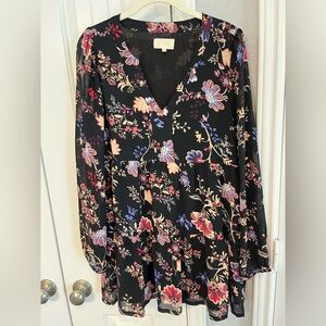 MELLODAY Floral Black Boho Long Sleeve Paisley V-Neck Tunic Top Shirt